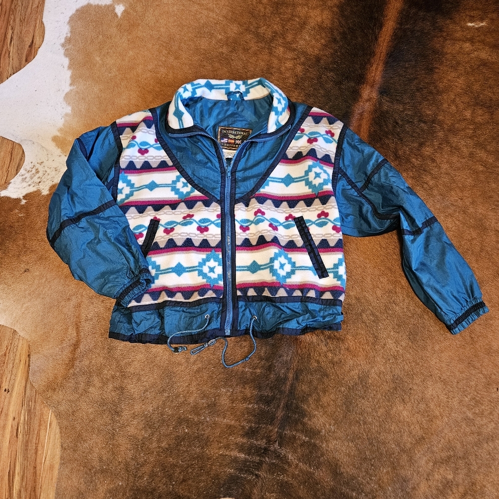 Vintage 90's Aztec Teal Fleece/Nylon Coat Sz Medium Adorable!